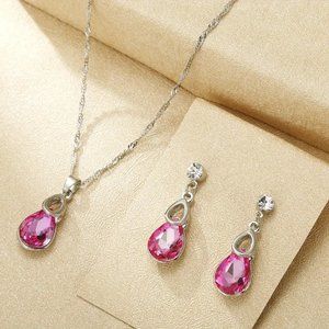 Rose Pink Teardrop Shape Crystal Earrings & Pendant Necklace Set Silver Plated